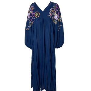 ASOS DESIGN Maternity v front baby doll pleated embroidered midi dress in navy 8